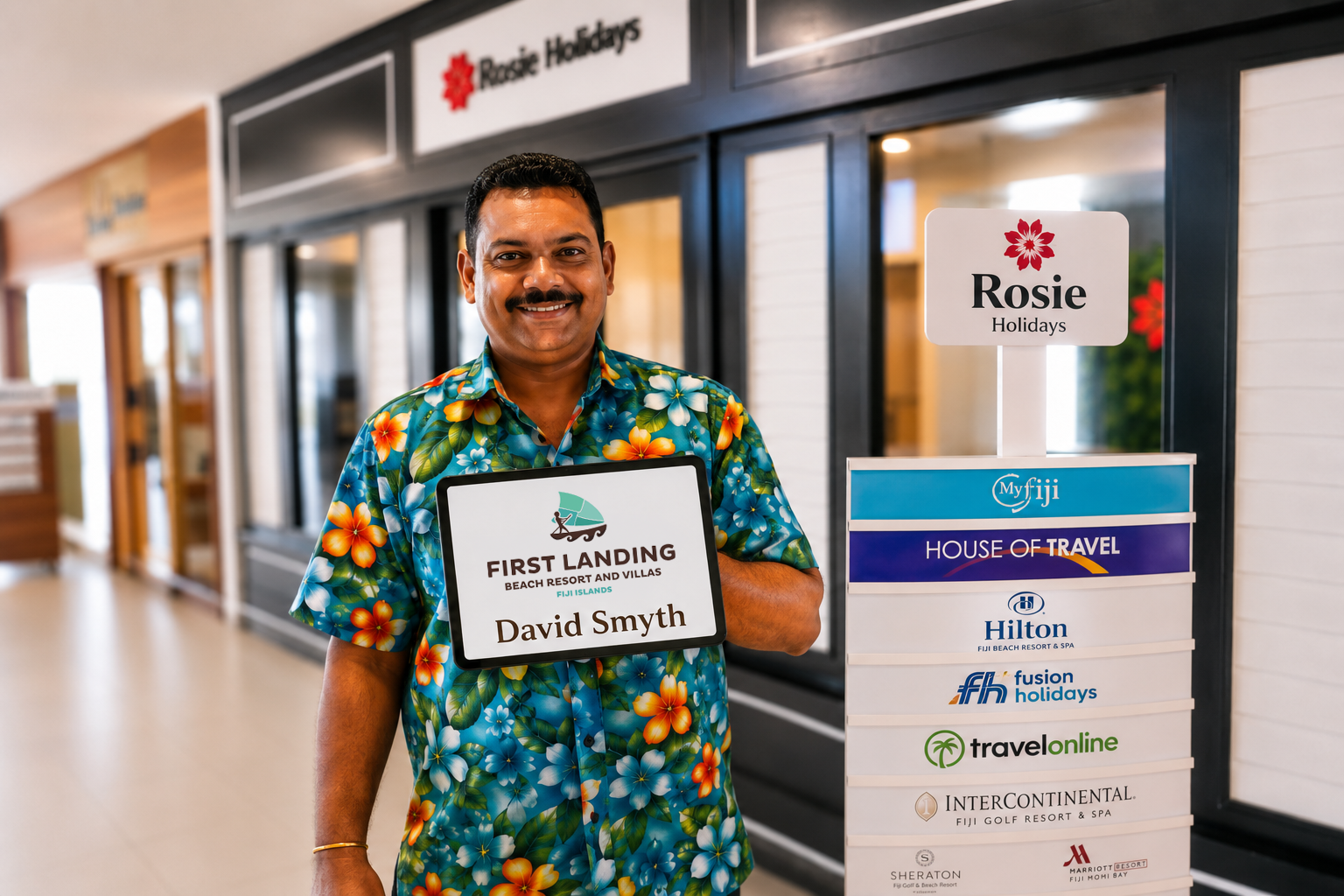 Rosie Holidays driver concierge with First Landing welcome sign at Nadi Airport